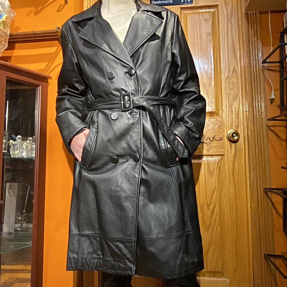 Black vintage leather trench coat
